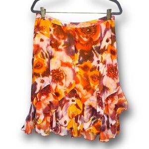 Peter Nygard Size 12 Petite Orange Floral Ruffle Pure Silk Lightweight Skirt
